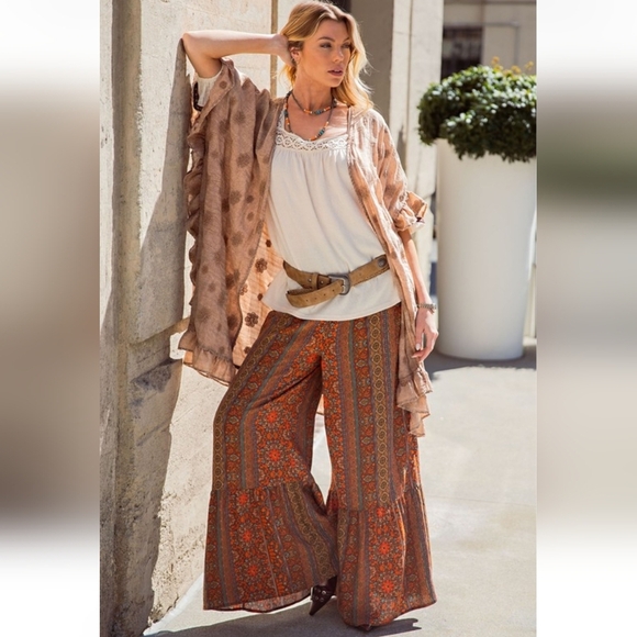 New Easel Printed Ruffled Wide Leg Boho Pants - Picture 1 of 7